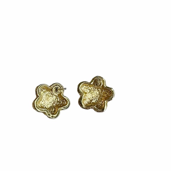 Y2K Vintage Rhinestone Flower Power Puffy Gold Tone Pierced Stud Earrings - Picture 2 of 4